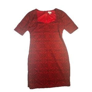 Bisou Bisou Michele Bohbot Red Black Jacquard Sheath Dress Y2K Gold Zipper SZ 14